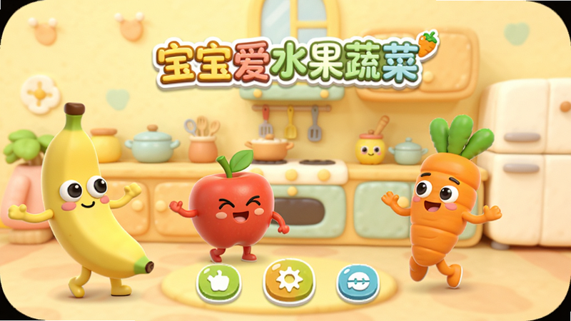 画面中央展示“宝宝爱水果蔬菜”App的主界面,背景为温馨的浅黄色卡通厨房,前景有拟人化的香蕉、苹果和胡萝卜角色正在跳舞,界面底部有简单的操作按钮,整体风格为3D卡通渲染,色彩明亮柔和,无多余文字,高清画质,干净背景