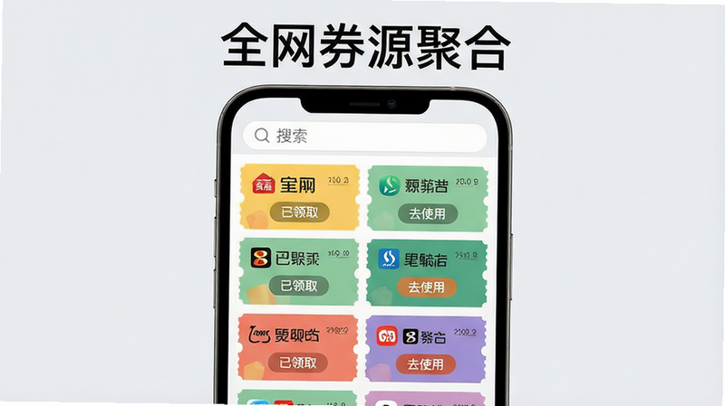 一张展示优惠券聚合功能的示意图,主体为手机屏幕,屏幕上显示一个搜索框,下方列出多个不同颜色的优惠券卡片,每张卡片上标注“已领取”或“去使用”按钮,背景为柔和的浅灰色,布局采用卡片式排列,风格简洁明快,细节处体现不同电商平台的Logo图标,画质清晰,干净无多余元素,文字“全网券源聚合”作为标题显示在顶部