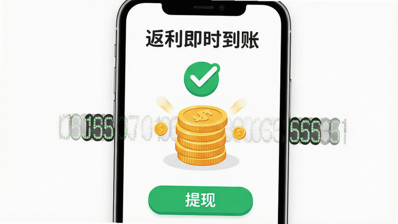 一张展示现金返利到账界面的示意图,主体为手机屏幕,中央显示一个金色的硬币堆叠动画,上方有绿色对勾图标表示成功,下方显示提现按钮,背景为明亮的白色,布局居中对称,风格活泼可爱,细节处体现数字滚动效果,画质清晰,干净无多余元素,文字“返利即时到账”作为标题显示