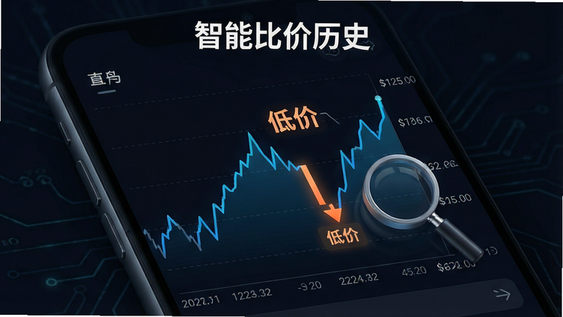 一张展示价格走势图的概念图,主体为手机屏幕内的折线图,折线呈现波动趋势,其中某一点被高亮标记为“低价”,旁边配有放大镜图标,背景为深色模式以突出图表线条,布局紧凑,风格科技感强,细节处显示具体日期与价格数值,画质高清,干净无多余元素,文字“智能比价历史”作为标题显示