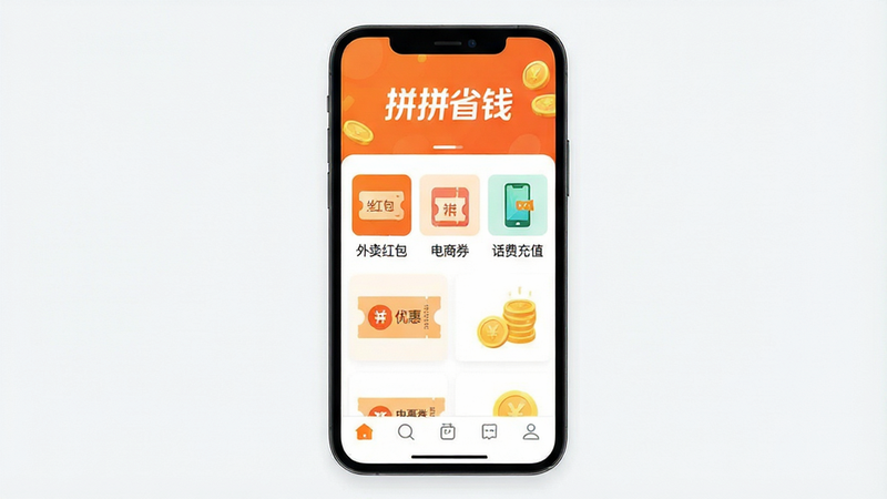 һ��չʾƴƴʡǮAPP��ҳ�������ͼ������Ϊ�ֻ���Ļ��ʾ���ĳ�ɫ���ɫUI��ƣ���������Ŀ�ġ�ƴƴʡǮ��Logo���м�����չʾ�������ͼ���硰�����������������ȯ���������ѳ�ֵ�����ײ�Ϊ�������������������࣬����ִ���ƽ����ϸ�ڴ������Ż�ȯͼ������Ԫ�أ����ʸ��壬�ɾ��޶���Ԫ�أ����֡�ƴƴʡǮ�������ɼ�