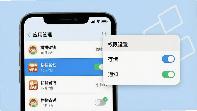 一张展示手机设置界面中应用权限管理的示意图,主体为手机屏幕,显示“应用管理”列表,其中“拼拼省钱”被高亮选中,右侧弹出权限设置窗口,勾选了“存储”和“通知”权限,背景为浅蓝色,布局清晰,风格扁平化,细节处体现开关按钮状态,画质清晰,干净无多余元素,文字“权限设置”作为标题显示