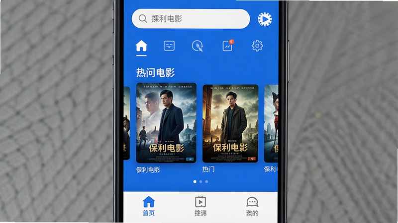 一张高清的智能手机屏幕特写,展示“保利电影”APP的主界面,布局整洁,顶部显示搜索栏和导航图标,中间是热门电影海报轮播图,底部是功能菜单栏,风格现代简约,蓝色为主色调,画质清晰,无多余元素