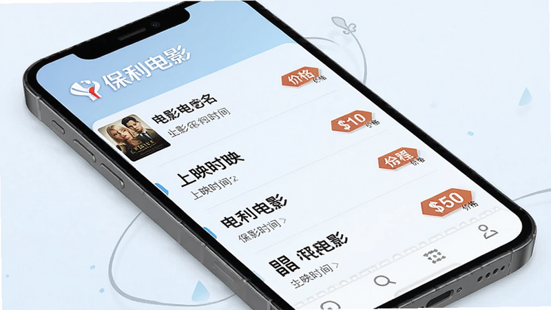 手机界面展示实时影讯列表,包含电影名称、上映时间、价格标签,背景为淡蓝色渐变,文字清晰,布局规整,突出“保利电影”品牌标识,风格简洁商务,高清细节,无杂乱背景