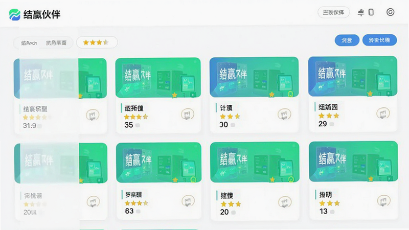 主体为商户管理列表界面,显示“结赢伙伴”Logo,布局为卡片式排列,排版整齐有序,风格清新简约,细节处包含星级评价图标,画质清晰,干净,无多余元素