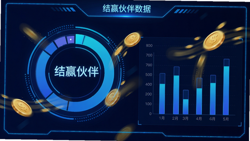 主体为数据仪表盘界面,显示“结赢伙伴”字样,布局采用环形图与柱状图结合,排版科技感强,风格深蓝背景霓虹线条,细节处展示金币流动动画,画质4K,干净,无多余元素