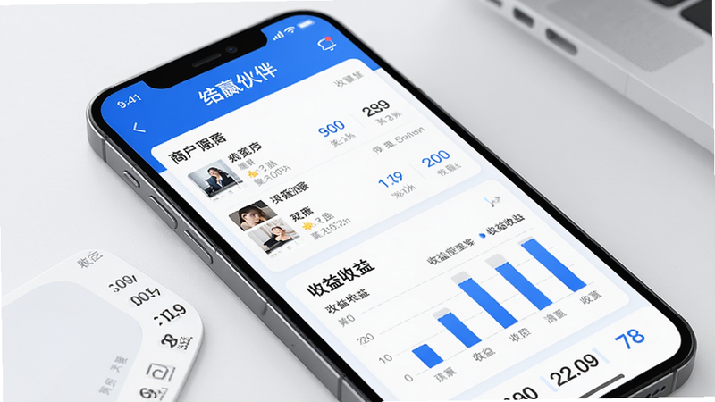 主体为手机屏幕展示结赢伙伴APP界面,布局清晰,包含商户列表与收益图表,排版简洁现代,风格商务蓝白配色,细节处显示数字滚动效果,画质高清,干净,无多余元素