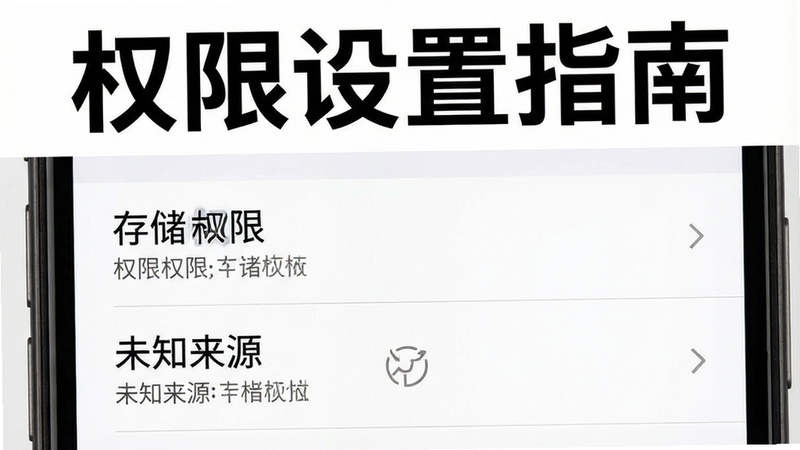 主体为手机设置界面,显示权限管理选项,背景为白色,布局列表式,排版清晰,风格系统原生,细节高亮“存储权限”与“未知来源”,画质高清,干净,无多余元素,文字“权限设置指南”位于顶部,字体黑色,突出操作重点,整体视觉直观,适合指导用户设置