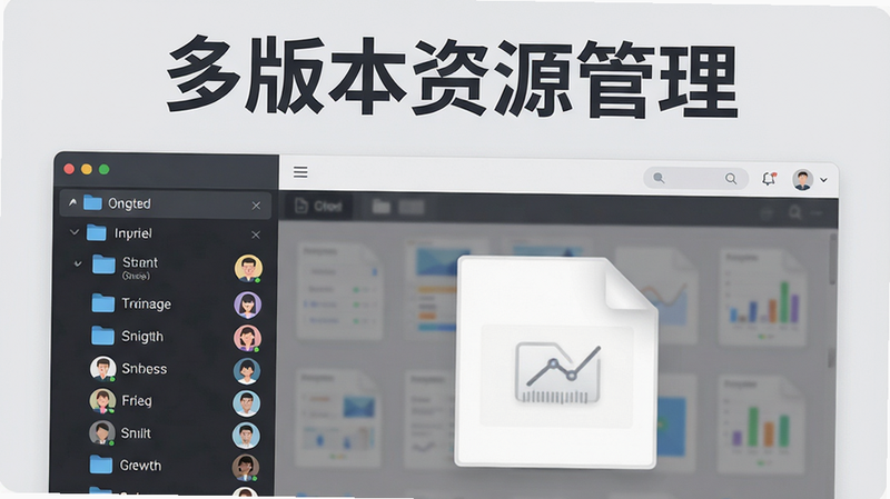 主体为文件管理界面,左侧为文件夹列表,右侧为文件预览,背景为浅灰色,布局左右分栏,排版整齐,风格简约商务,细节显示多个角色头像,画质高清,干净,无多余元素,文字“多版本资源管理”位于顶部,字体深灰,突出功能,整体视觉专业,适合展示资源管理