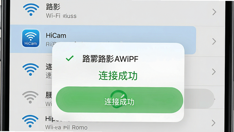 主体为手机Wi-Fi设置界面与路影APP连接成功的提示弹窗,布局为上下堆叠,排版清晰直观,风格系统原生UI风格,细节展示Wi-Fi列表中高亮的“HiCam”图标及APP内绿色的“连接成功”状态栏,画质清晰,干净无其他干扰项,文字“连接成功”以绿色字体显示
