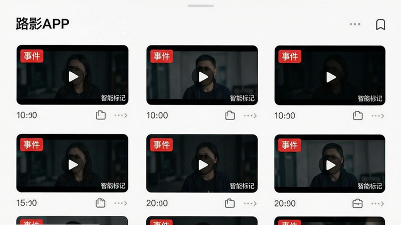 主体为路影APP的视频列表界面,布局为网格卡片式排列,排版整齐有序,风格极简UI设计,细节高亮显示带有红色“事件”标签的视频缩略图,画质锐利,干净无杂乱图标,文字“智能标记”以小字标注在卡片角落