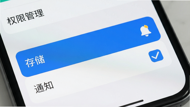 手机设置界面展示,权限管理列表,高亮显示“存储”和“通知”权限被勾选的状态。背景为浅色简洁UI,文字清晰可见,强调权限设置的重要性。高清,无多余元素,干净。