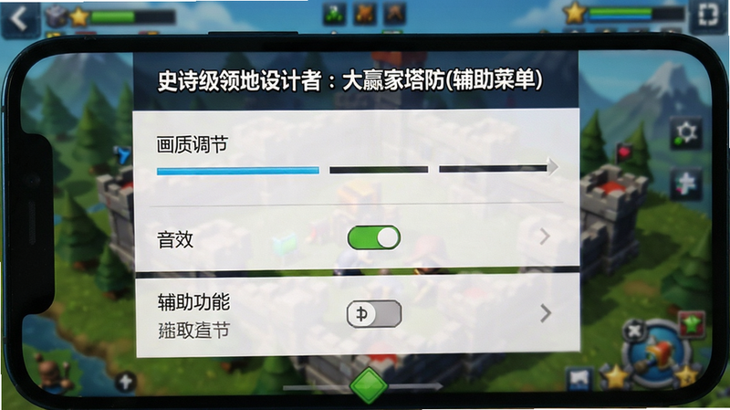 手机屏幕显示“史诗级领地设计者: 大家塔防(辅助菜单)”的运行设置界面,包含画质调节、音效开关与辅助功能选项,界面布局清晰,文字标注清晰,背景为模糊的游戏场景,风格简洁实用,高清无噪点