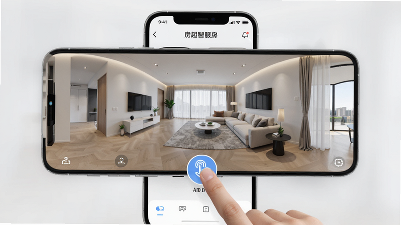 主体为手机屏幕界面,显示房超智服APP内的VR全景看房功能,画面中心是一间明亮的现代客厅,四周墙壁呈现360度环绕视角,手指触控图标清晰可见,背景为柔和的浅灰色,界面简洁,UI元素清晰,高清细节,无杂乱背景