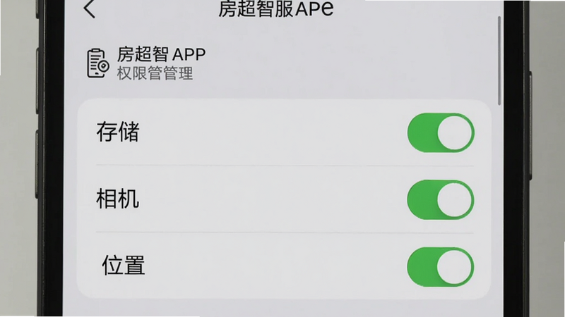 主体为手机设置界面截图,显示房超智服APP的权限管理页面,高亮显示“存储”、“相机”、“位置”权限开关为开启状态,背景为浅灰色,界面清晰,文字可读,高清细节,无模糊,简洁风格