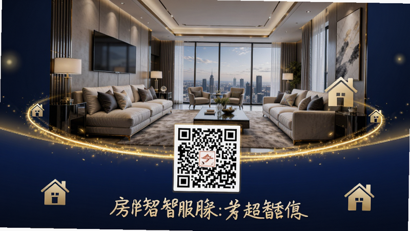 主体为房超智服APP生成的房地产营销海报预览,画面展示一套豪华公寓图片,下方有醒目的二维码和房源标题文字,周围点缀着金色光效和房屋图标,背景为深蓝色渐变,风格高端大气,文字清晰,高清画质,无模糊元素
