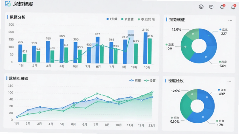 主体为房超智服APP的数据分析仪表盘界面,显示柱状图、折线图和饼图,图表颜色为蓝绿配色,背景为浅灰色,界面整洁,数据标签清晰,体现专业与科技感,高清细节,无杂乱元素