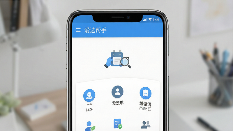 一张展示爱达帮手安卓应用界面的高清概念图,主体为手机屏幕,显示简洁的白色背景界面,顶部有蓝色导航栏写着