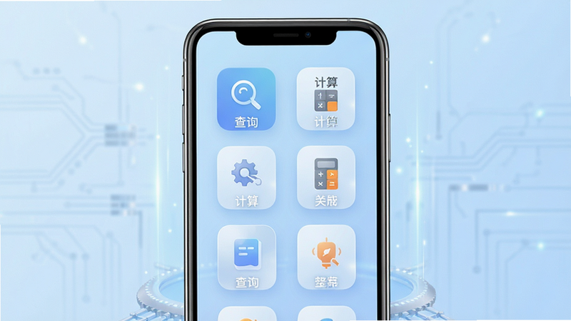 爱达帮手功能聚合界面展示,手机屏幕中央呈现网格状功能图标,每个图标设计简约,下方标注文字如