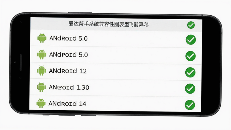 爱达帮手系统兼容性图表,手机屏幕展示Android 5.0到Android 14的版本列表,每个版本旁有绿色对勾,布局列表式,风格清晰直观,文字标注版本号,画质高清,干净