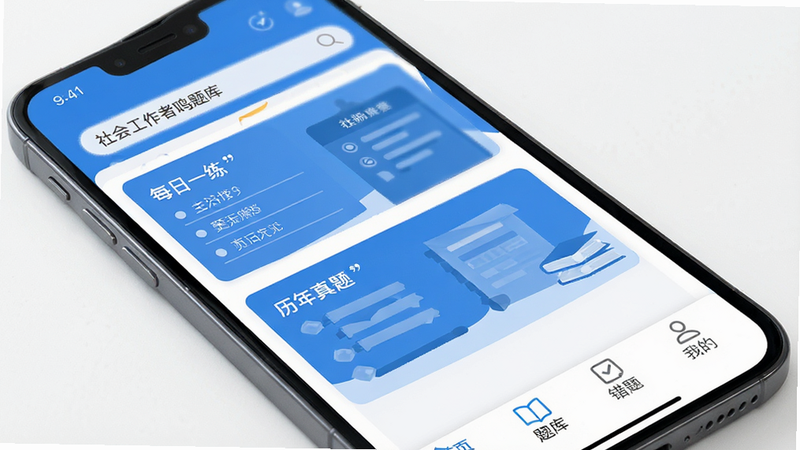 软件界面展示图,主体为手机屏幕,显示“社会工作者鸣题库”APP首页,布局清晰,顶部有搜索栏,中部为“每日一练”和“历年真题”两个大卡片,底部导航栏包含“首页”、“题库”、“错题”、“我的”,风格扁平化,色彩以蓝白为主,细节清晰,画质高清,干净无多余元素,文字“社会工作者鸣题库”加引号