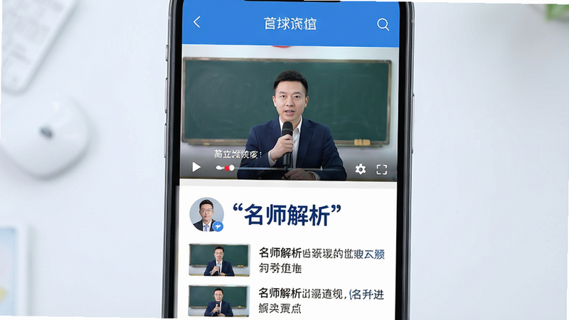 视频解析页面,手机屏幕显示一个正在播放的视频窗口,下方是图文解析内容,视频中有讲师头像,界面简洁,蓝色主题,细节丰富,画质高清,干净,文字“名师解析”加引号