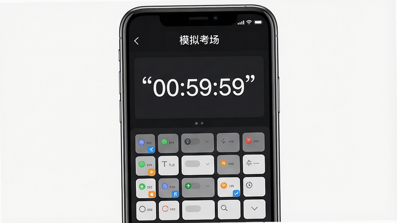 模拟考场界面预览,手机屏幕显示倒计时“00:59:59”,上方为题目区域,下方为答题卡网格,部分题目标记为已答,背景深色模式,细节精致,画质清晰,干净,文字“模拟考场”加引号