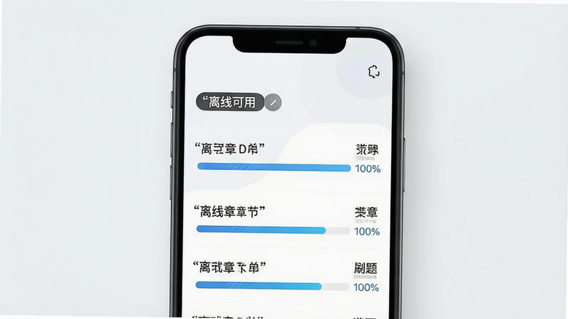 离线模式界面展示,手机屏幕显示“离线可用”标签,下方列出已下载章节列表,进度条显示100%,背景简洁,风格现代,细节清晰,画质高清,干净,文字“离线刷题”加引号