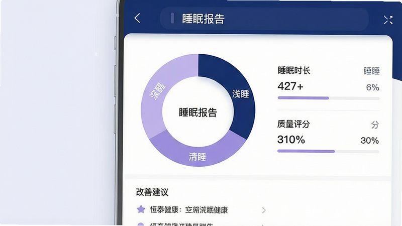 主体为“恒泰健康”应用内的睡眠分析界面,布局中央为一个大圆环,分为深睡、浅睡、清醒三个色块区域,右侧列出睡眠时长与质量评分,底部有“改善建议”列表。排版平衡对称,风格静谧柔和,细节包含深蓝色主色调、白色文字、淡紫色辅助色。画质高清,干净,无多余元素,文字“睡眠报告”清晰。