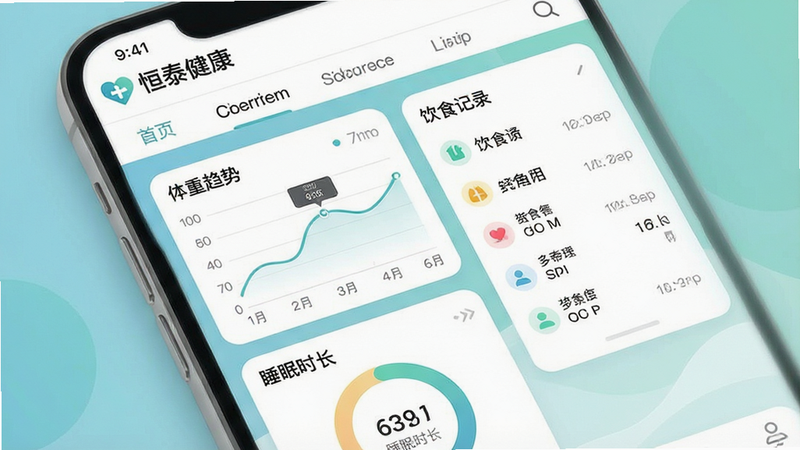 主体为一款名为“恒泰健康”的手机应用界面展示图,布局采用简洁的卡片式设计,顶部显示“恒泰健康”Logo及导航栏,中间区域分为三个模块:左侧为体重趋势折线图,右侧为饮食记录清单,底部为睡眠时长环形图。排版清晰有序,风格为现代扁平化UI,细节包含柔和的蓝绿色调背景、白色圆角卡片、清晰的数据标签。画质高清,干净,无多余元素,文字“恒泰健康”清晰可见。