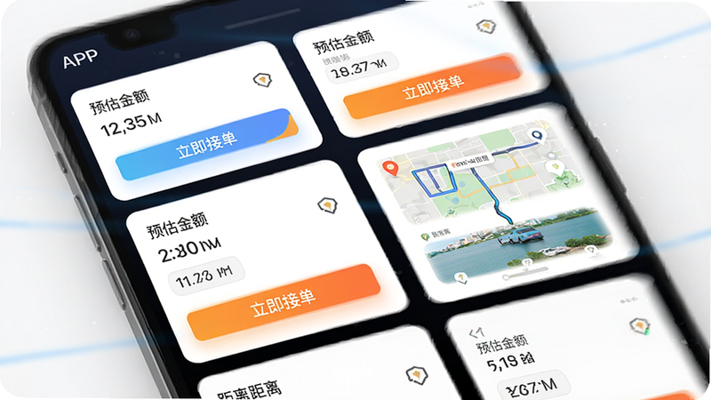 主体为APP订单匹配界面,布局展示多个待接订单卡片,包含距离、预估金额、路线预览,风格动态流畅,细节包含“立即接单”高亮按钮、实时距离数字,画质清晰,干净无干扰元素