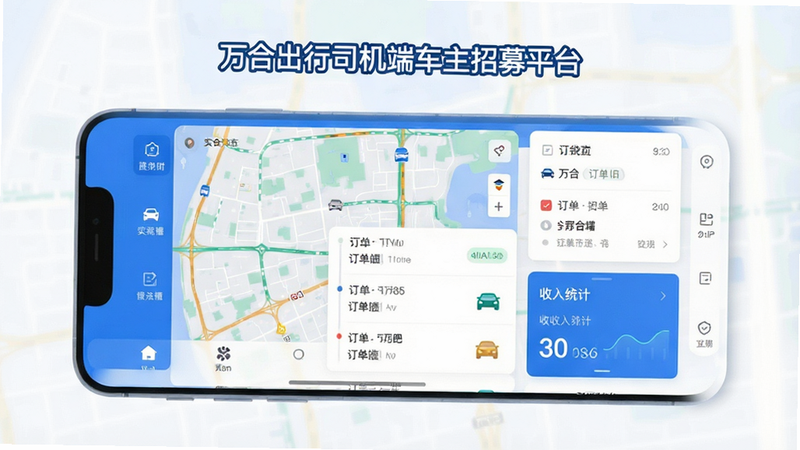 主体为万合出行司机端APP界面全景图,布局采用现代化扁平化设计,顶部显示“万合出行司机端车主招募平台”标题,中部展示实时地图、订单列表和收入统计卡片,底部为功能导航栏,风格简洁科技蓝白配色,细节丰富包含车辆图标、订单状态标签,画质高清,干净无多余元素
