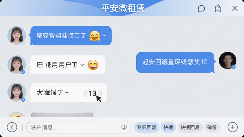 主体为在线客服对话界面,布局左侧为用户消息气泡,右侧为客服回复气泡,底部为输入框及快捷回复标签,排版轻松自然,细节包含笑脸表情、打字中动画效果、清晰的文字显示,风格友好亲切,画质柔和,干净,文字标注“平安微租赁”在顶部,蓝色与白色交替,背景浅灰,体现服务温度