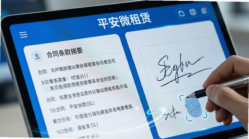 主体为电子合同签署界面特写,布局左侧显示合同关键条款摘要,右侧为手写签名区域及指纹识别图标,排版紧凑有序,细节展示高清屏幕质感、流畅的手写笔迹动画效果,风格科技感强,画质高清,干净,文字标注“平安微租赁”位于顶部居中,蓝色主题色,背景虚化处理,突出签署动作