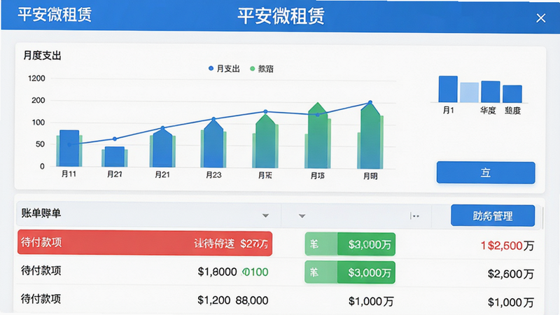 主体为账单管理界面,布局上方为月度支出图表,下方为详细账单列表,排版整齐划一,细节包含红色高亮的待付款项、绿色的已付款项、清晰的金额数字字体,风格商务严谨,画质清晰,干净,文字标注“平安微租赁”在顶部,蓝色头部,白色背景,蓝色按钮,突出财务安全感