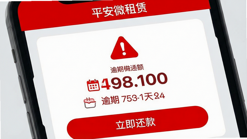 主体为账单逾期提醒界面,布局中央显示红色警示图标及逾期金额,下方为“立即还款”按钮,排版醒目,细节包含日历图标显示逾期天数、红色的警示文字,风格紧急警示,画质清晰,干净,文字标注“平安微租赁”在顶部,红色与白色搭配,背景浅灰,突出逾期紧迫感