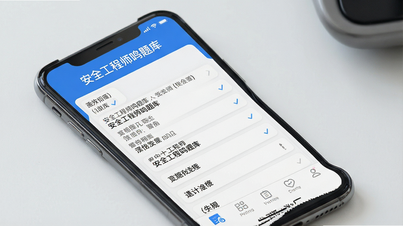 一张展示手机屏幕上显示“安全工程师鸣题库”应用界面的高清图片,界面整洁,顶部显示应用名称,中部为清晰的文字题目选项,底部为导航栏,整体风格现代简约,蓝色为主色调,高清,无多余元素