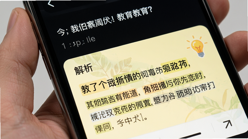 手机界面展示一道题目下方的“解析”区域,文字详细,包含关键词高亮显示,旁边有一个灯泡图标表示提示,背景为浅黄色,字体适中,易于阅读,高清,教育风格