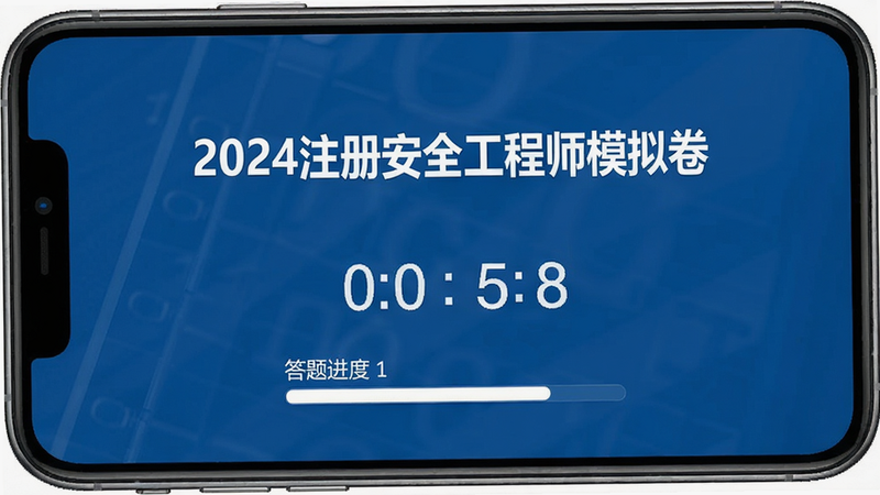 手机屏幕显示一张模拟试卷封面,标题为“2024注册安全工程师模拟卷”,下方显示倒计时器和答题进度,界面严肃专业,蓝色背景,白色文字,高清,正式感强