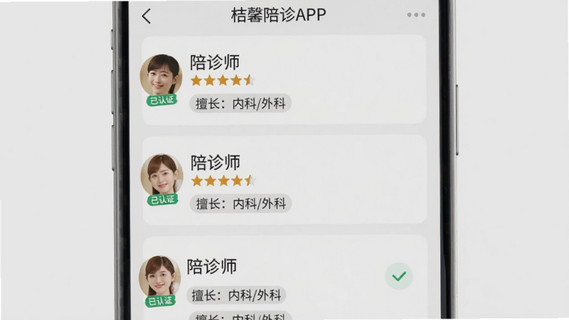 主体为桔馨陪诊APP内的陪诊师列表页面,布局为上下滚动列表,每个卡片显示陪诊师头像、姓名、星级评分及“擅长:内科/外科”标签,背景为浅灰色,风格简洁直观,细节包含绿色“已认证”徽章,画质清晰,无多余装饰