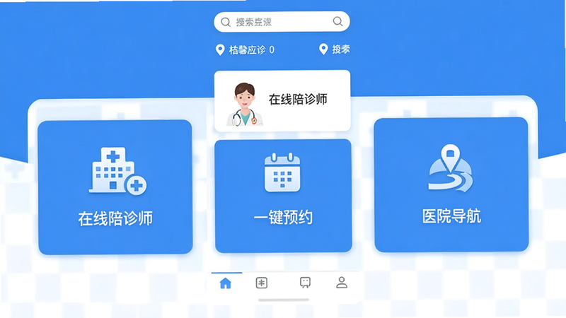 主体为桔馨陪诊安卓应用主界面,布局采用清爽的蓝白配色,顶部显示搜索栏与定位信息,中部展示“在线陪诊师”、“一键预约”、“医院导航”三个核心功能卡片,底部为导航栏,风格为现代扁平化UI设计,细节处包含医院图标与医疗十字标志,画质高清,干净无多余元素