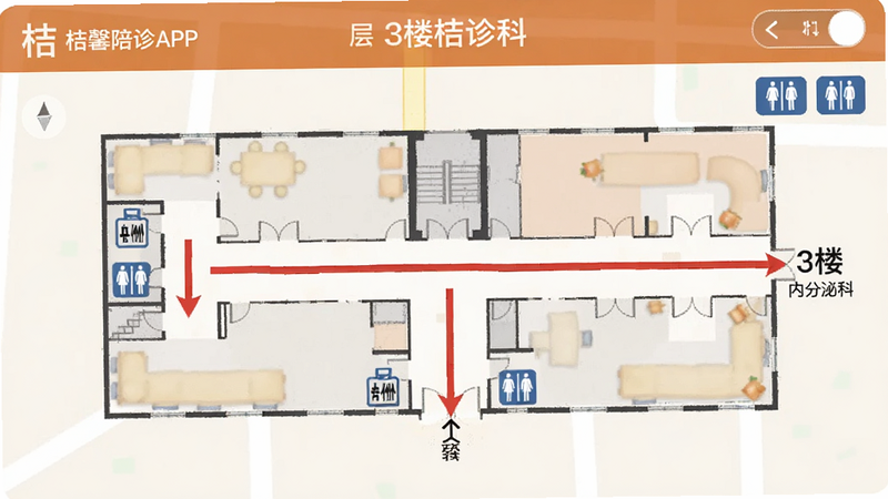 主体为桔馨陪诊APP内的医院室内导航地图,布局为二维平面地图,显示医院楼层平面,红色路线指引从入口到“3楼内分泌科”,标注有电梯、楼梯、洗手间图标,风格为地图导航界面,细节包含楼层切换按钮,画质锐利,无模糊文字