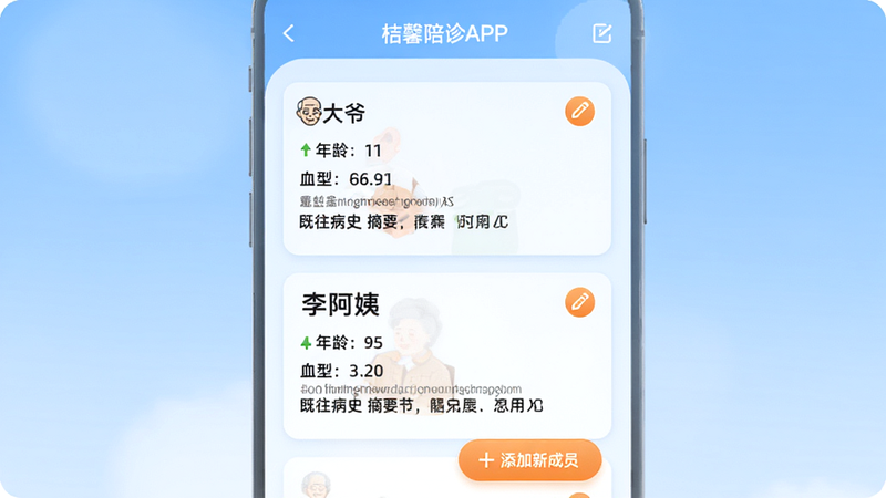 主体为桔馨陪诊APP内的健康档案管理页面,布局为卡片式列表,显示“张大爷”、“李阿姨”两个家庭成员档案卡片,包含年龄、血型、既往病史摘要,背景为淡蓝色渐变,风格温馨关怀,细节包含编辑图标与添加新成员按钮,画质高保真,无多余噪点