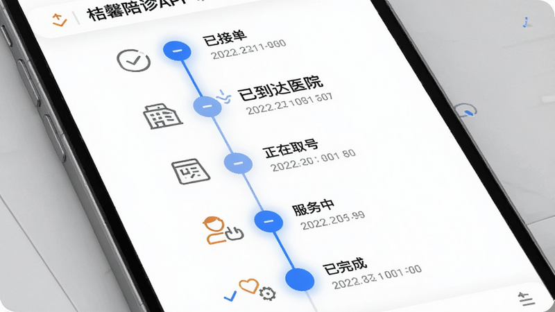 主体为桔馨陪诊APP内的订单进度追踪界面,布局为垂直时间轴,节点包括“已接单”、“已到达医院”、“正在取号”、“服务中”、“已完成”,当前节点高亮显示为蓝色,背景纯白,风格极简科技感,细节包含时间戳与状态图标,画质细腻,无杂乱元素