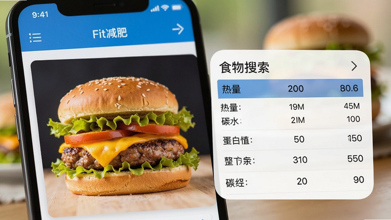Fit减肥软件的食物搜索界面,屏幕上显示一个汉堡包的图片,旁边列出了详细的营养数据表格,包括热量、碳水、蛋白质等数值,背景模糊处理,突出前景的文字和数据,色彩明亮,细节清晰,高分辨率