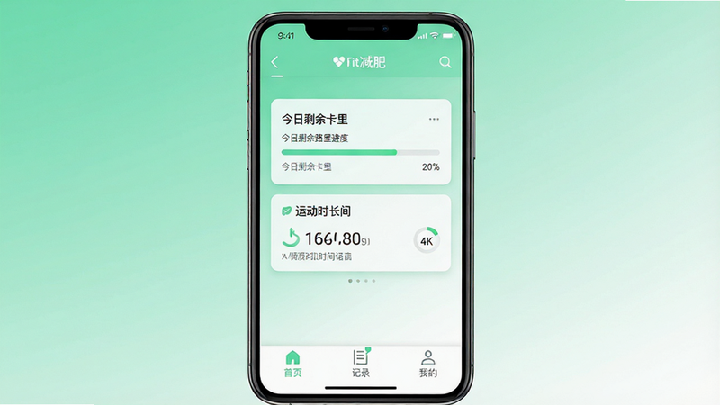 一张高清的智能手机界面截图,屏幕中央显示着Fit减肥软件的主界面,背景是清新的薄荷绿与白色渐变,界面顶部有清晰的导航栏,中间展示着今日剩余卡路里进度条和运动时长统计卡片,底部有“首页”、“记录”、“我的”三个大图标,整体风格极简现代,无多余元素,4k画质,干净清爽