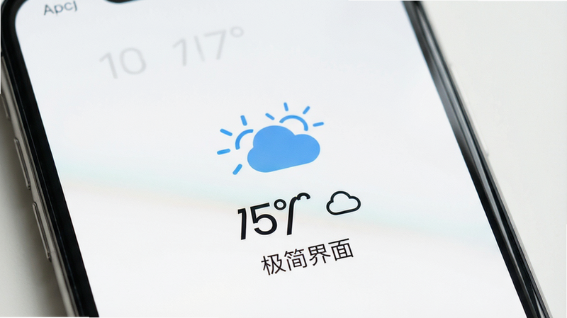 主体为手机屏幕特写,布局极简,白色背景搭配蓝色天气图标,排版留白充足,风格清新简约,细节展示清晰的温度数字与天气图标,画质细腻,干净无杂物,文字显示