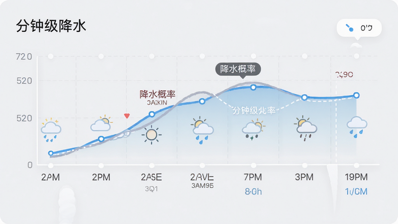 主体为时间轴天气图表,布局横向延伸,展示不同时间点的天气变化,排版线性清晰,风格现代极简,细节突出降水概率曲线,画质高清,干净,文字标注