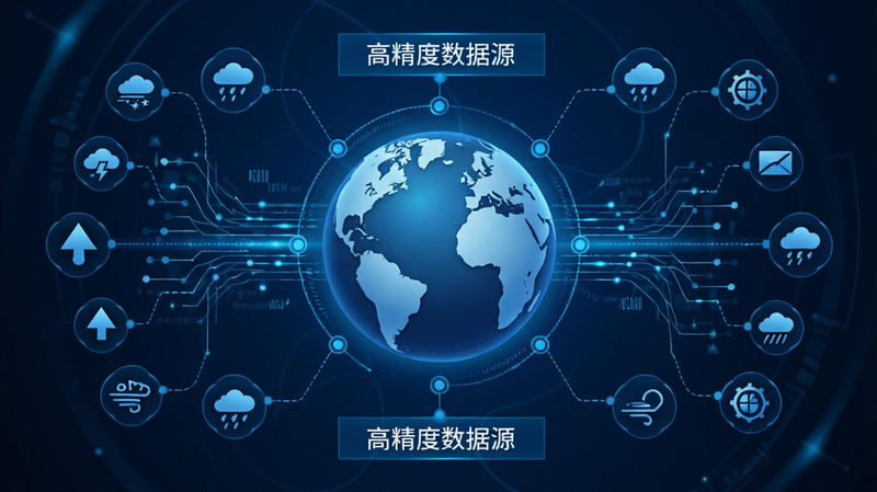 主体为数据融合概念图,布局中心是一个地球仪,周围环绕着数据流与气象图标,排版对称平衡,风格科技感蓝色调,细节展示数据节点连接,画质清晰,干净,文字标注