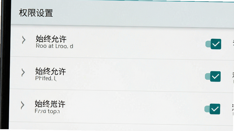 主体为手机设置界面截图,布局展示权限管理列表,排版整齐,风格安卓原生UI,细节勾选“始终允许”位置权限,画质清晰,干净,文字显示